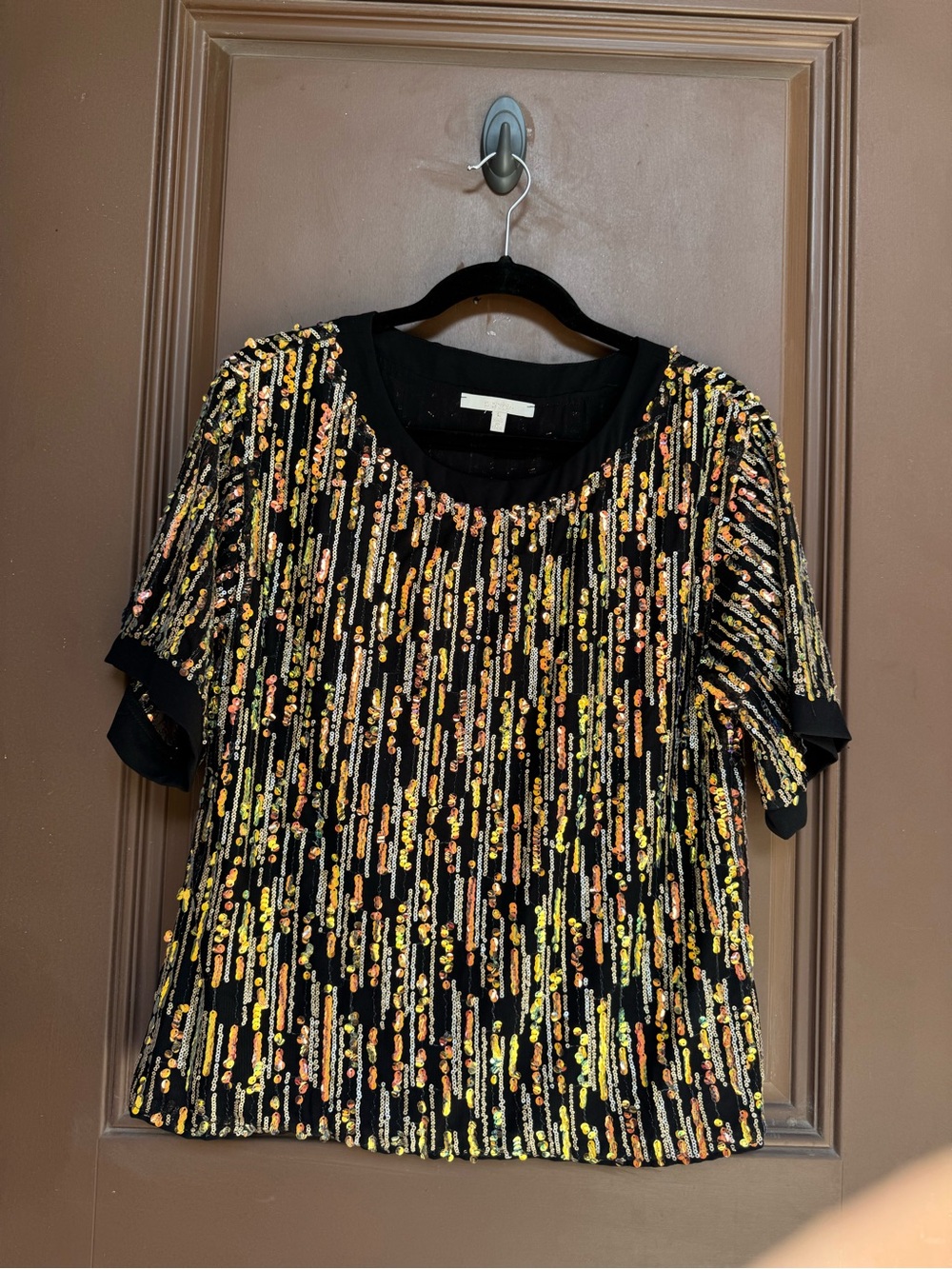 Black  Sequin Short Sleeve Top with Multicolor Accents size L